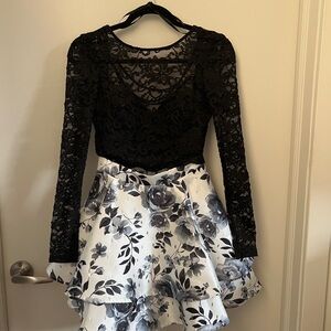 City Studio Two-Piece Black Lace Shirt and White Floral Skirt